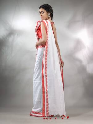 White Cotton Handwoven Saree With Woven Heart Borders 4