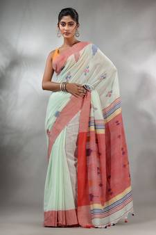 Pistachio Green Cotton Handspun Handwoven Saree With Thread Work