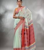 Pistachio Green Cotton Handspun Handwoven Saree With Thread Work