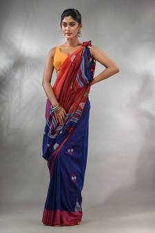 Blue Cotton Handspun Handwoven Saree With Thread Work