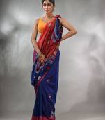 Blue Cotton Handspun Handwoven Saree With Thread Work