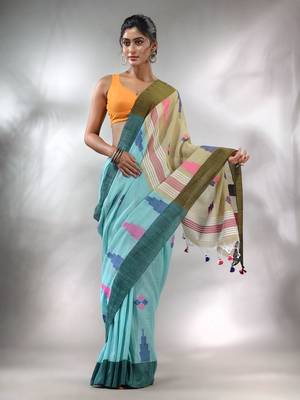 Sky Blue Cotton Handspun Handwoven Saree With Thread Work 1