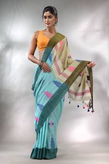 Sky Blue Cotton Handspun Handwoven Saree With Thread Work