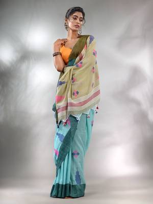 Sky Blue Cotton Handspun Handwoven Saree With Thread Work 2