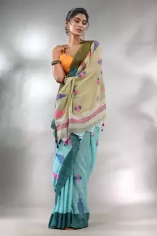 Sky Blue Cotton Handspun Handwoven Saree With Thread Work