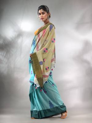 Sky Blue Cotton Handspun Handwoven Saree With Thread Work 3