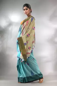 Sky Blue Cotton Handspun Handwoven Saree With Thread Work