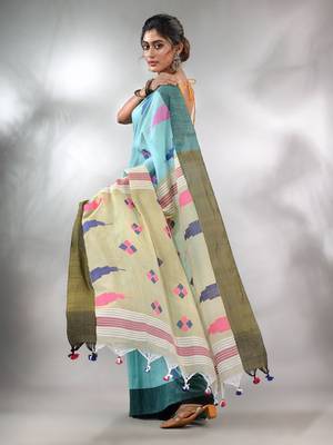 Sky Blue Cotton Handspun Handwoven Saree With Thread Work 4