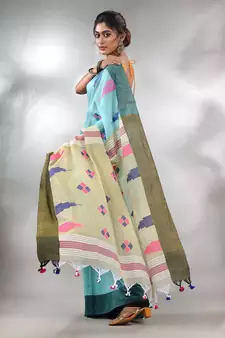 Sky Blue Cotton Handspun Handwoven Saree With Thread Work