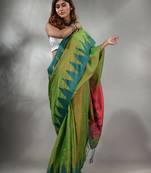 Light Green Tissue Handwoven Saree With Temple Borders