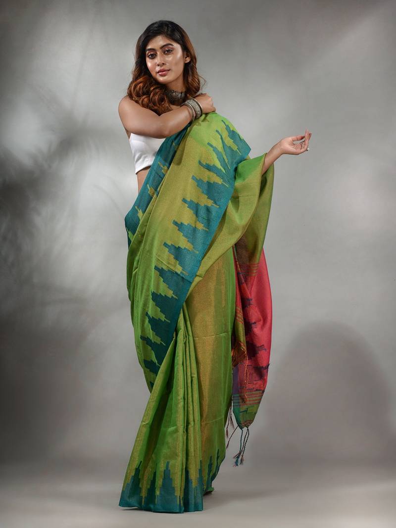 Light Green Tissue Handwoven Saree With Temple Borders