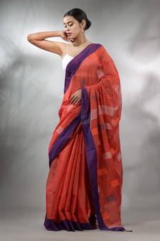 Red Tissue Handwoven Saree With Woven Designs