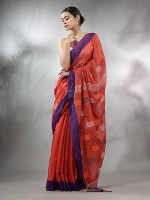 Red Tissue Handwoven Saree With Woven Designs 2