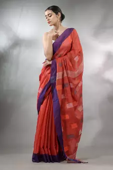 Red Tissue Handwoven Saree With Woven Designs