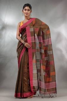 Brown Tissue Handwoven Saree With Woven Designs