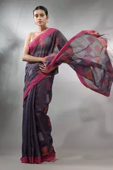 Bluish Grey Tissue Handwoven Saree With Woven Designs