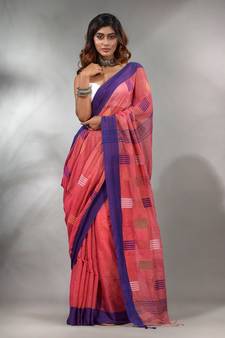 Punch Pink Tissue Handwoven Saree With Woven Designs