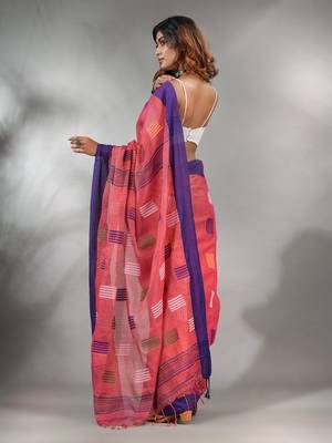Punch Pink Tissue Handwoven Saree With Woven Designs 4