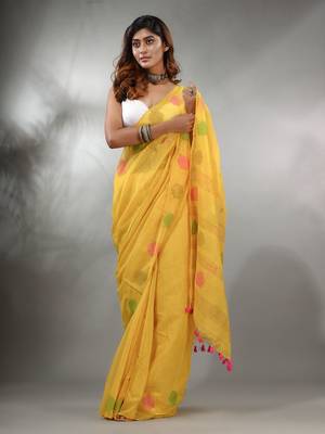 Yellow Tissue Handwoven Saree With Geometric Motifs And Sequin Work 1