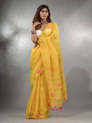 Yellow Tissue Handwoven Saree With Geometric Motifs And Sequin Work 2
