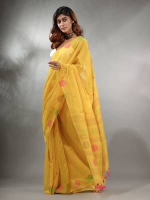 Yellow Tissue Handwoven Saree With Geometric Motifs And Sequin Work 3