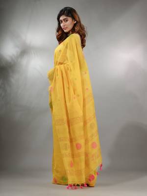 Yellow Tissue Handwoven Saree With Geometric Motifs And Sequin Work 4