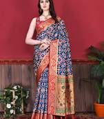 Navy Blue Soft Raw Silk Digital Print pPatola Saree With Blouse For Women