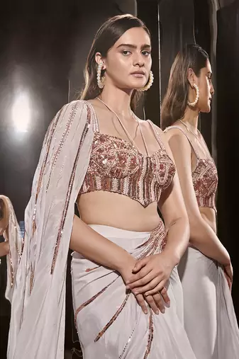 Lilac Embroidered Drape Saree With Corset Blouse