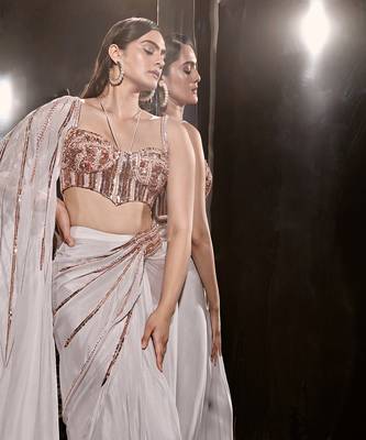 Lilac Embroidered Drape Saree With Corset Blouse 3