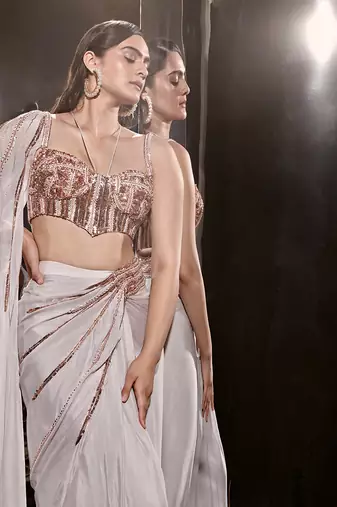 Lilac Embroidered Drape Saree With Corset Blouse