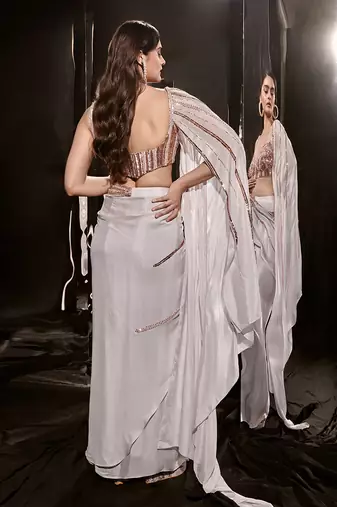 Lilac Embroidered Drape Saree With Corset Blouse