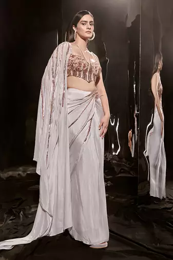 Lilac Embroidered Drape Saree With Corset Blouse