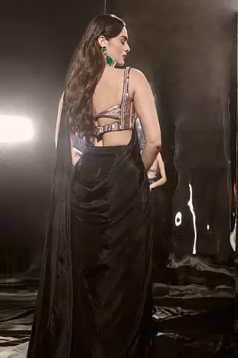 Black Embroidered Pre-Draped Saree Set With Corset Blouse