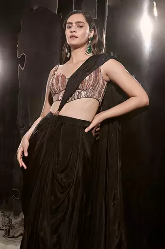Black Embroidered Pre-Draped Saree Set With Corset Blouse