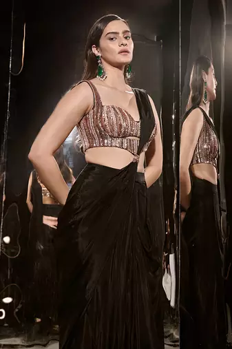 Black Embroidered Pre-Draped Saree Set With Corset Blouse