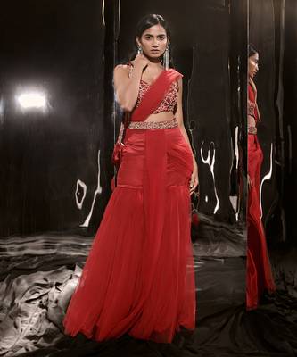 Red Embroidered Sharara Saree With Waist Belt And Bag 1