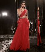 Red Embroidered Sharara Saree With Waist Belt And Bag