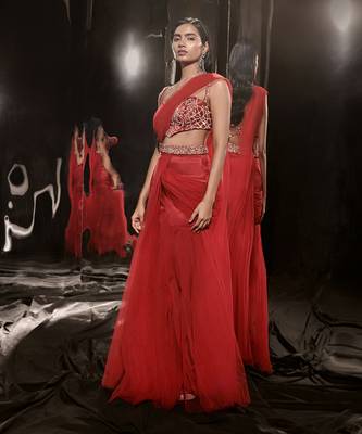 Red Embroidered Sharara Saree With Waist Belt And Bag 2