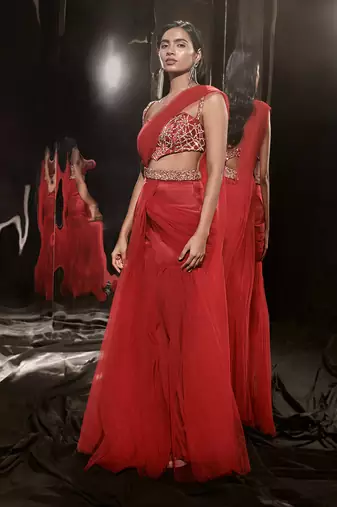 Red Embroidered Sharara Saree With Waist Belt And Bag