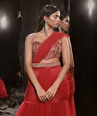 Red Embroidered Sharara Saree With Waist Belt And Bag 3