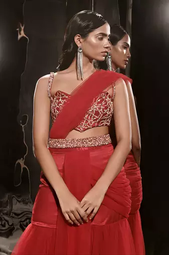 Red Embroidered Sharara Saree With Waist Belt And Bag