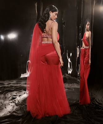 Red Embroidered Sharara Saree With Waist Belt And Bag 4