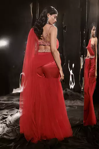 Red Embroidered Sharara Saree With Waist Belt And Bag