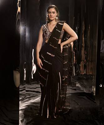 Black Pre-Draped Embroidered Saree Set With Sleeveless Blouse 1