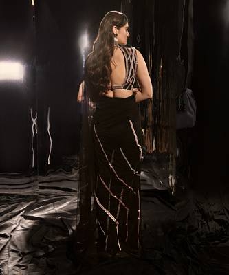 Black Pre-Draped Embroidered Saree Set With Sleeveless Blouse 2