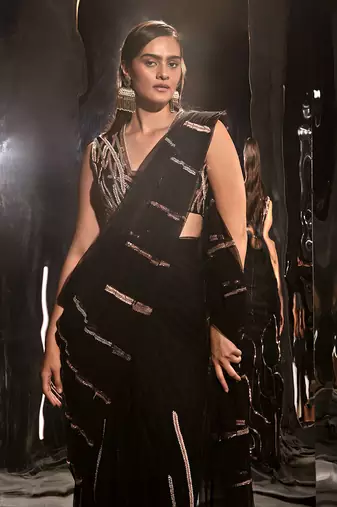 Black Pre-Draped Embroidered Saree Set With Sleeveless Blouse