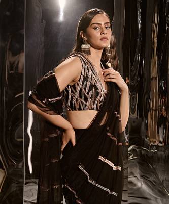 Black Pre-Draped Embroidered Saree Set With Sleeveless Blouse 4