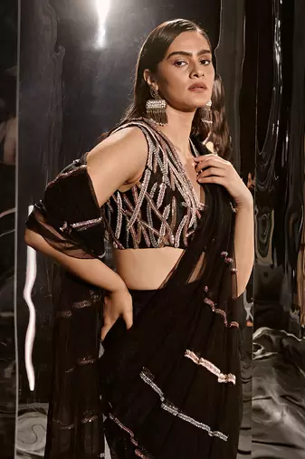 Black Pre-Draped Embroidered Saree Set With Sleeveless Blouse