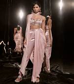 Rose Gold Embroidered Drape Pant Set With Scarf