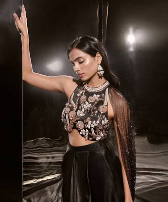 Black Embroidered Dhoti Set With Cape 3